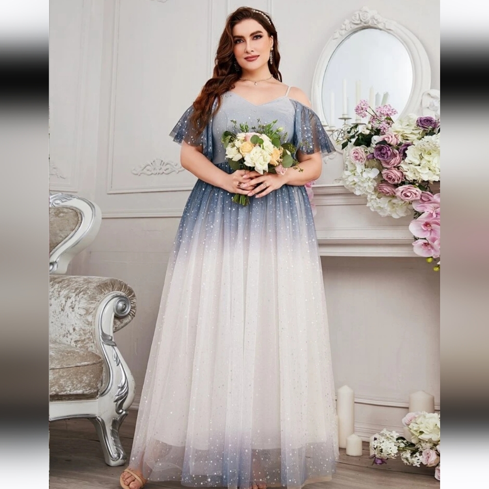 SHEIN Belle Plus Ombre Star Print Cold Shoulder Mesh Bridesmaid Dress